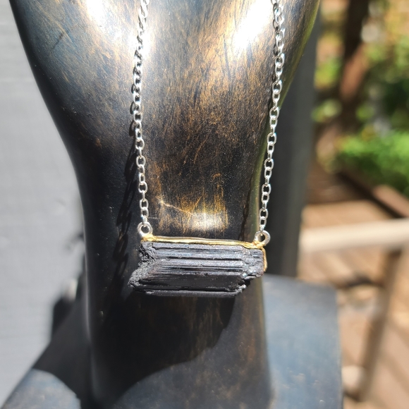 Black Tourmaline LARGE rawpillar sterling &gold necklace